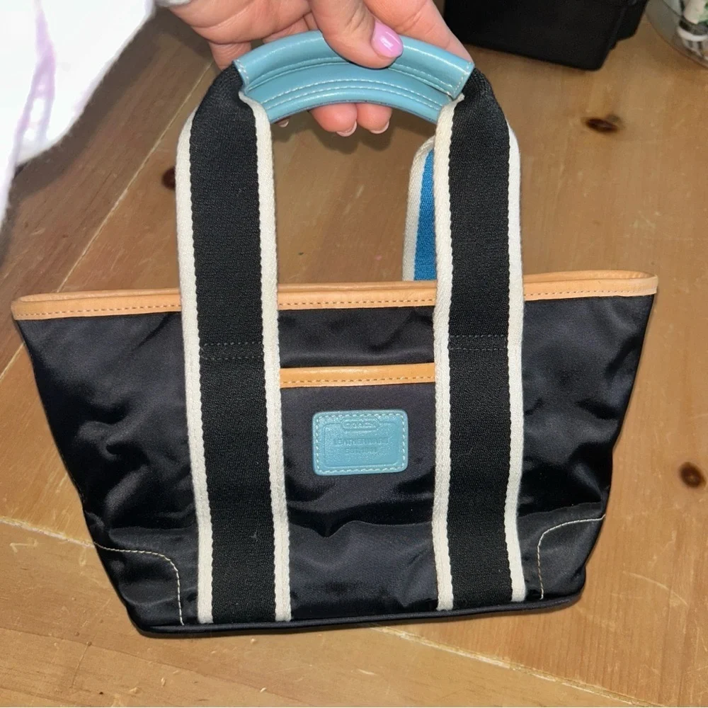 Black and Tan Tote Bag with Blue Handle